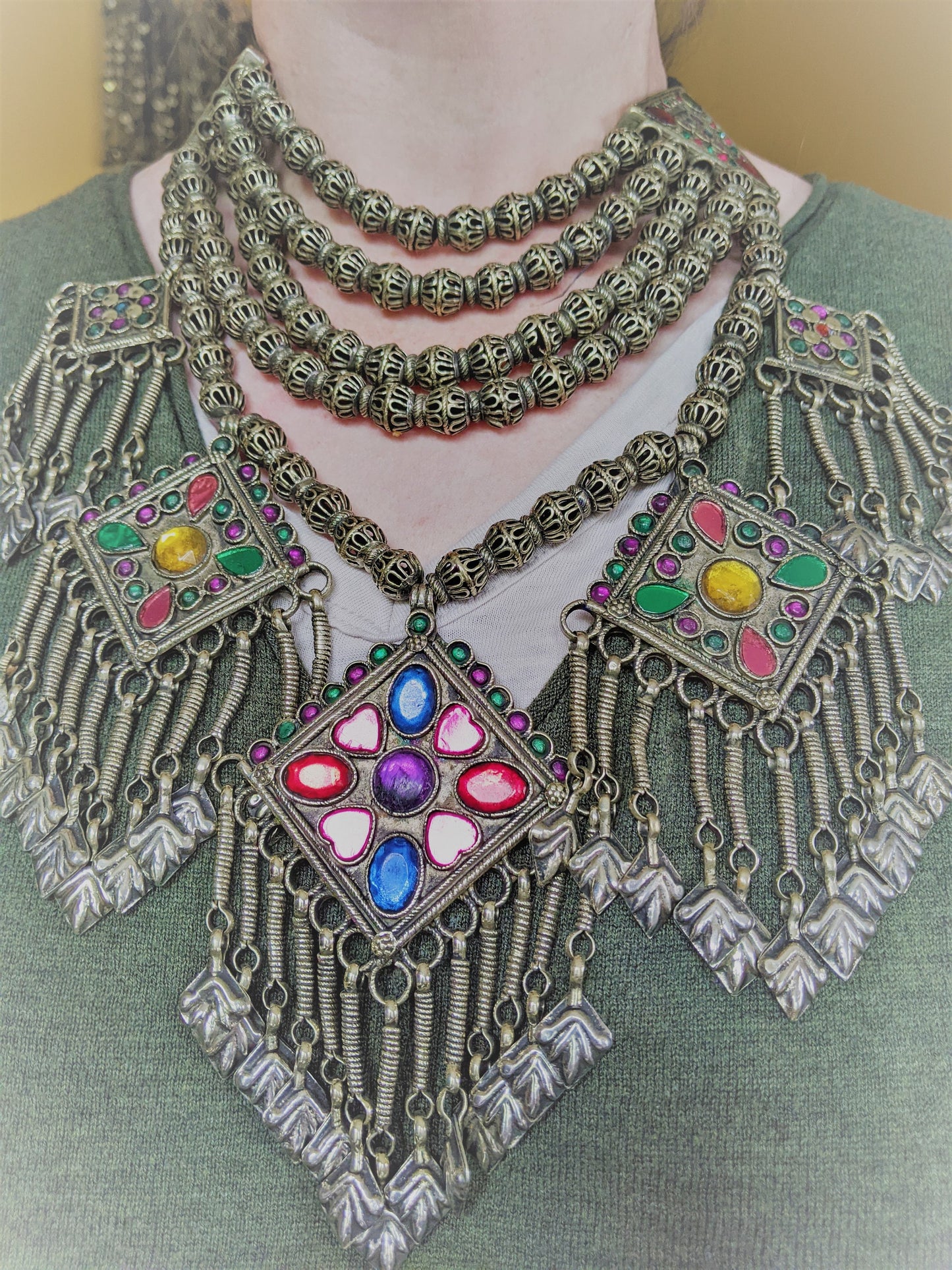 Refurbished Vintage Kashmiri Bib Multi-Strand Necklace Unique (15570)