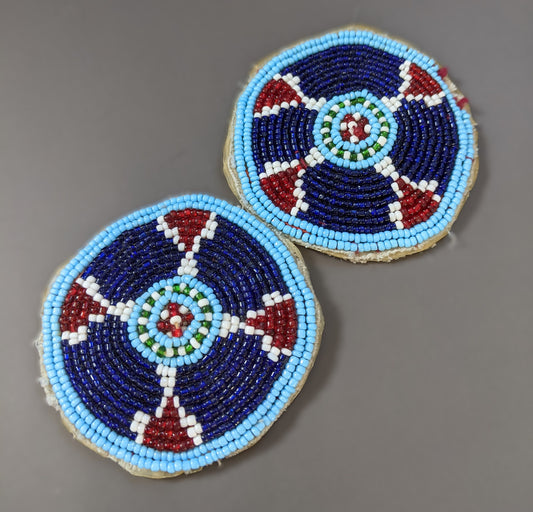 Pair Blue Beaded Afghan Tribal Gul Flowers Kuchi Patches 2.25" (16273)