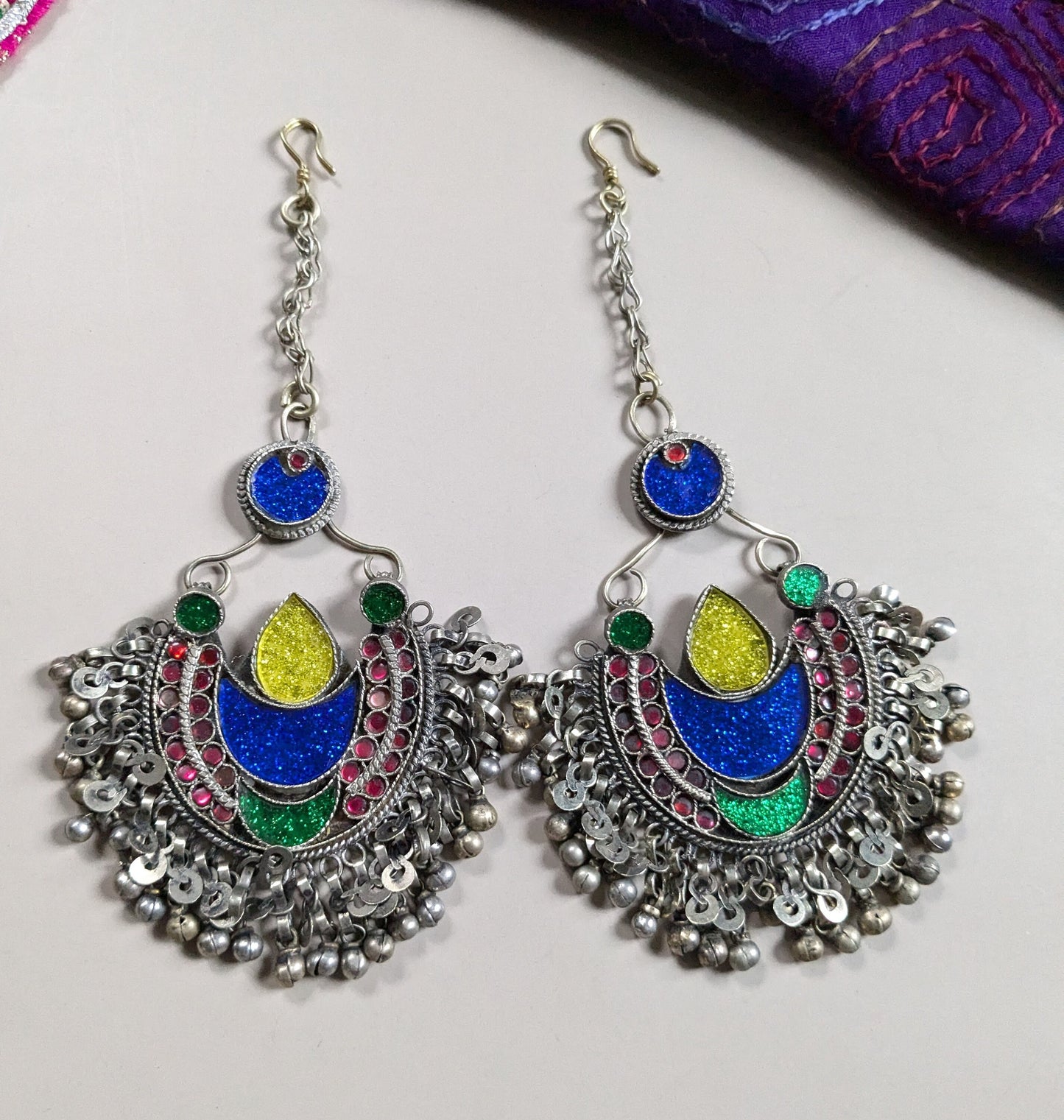 Matching Pair Vintage Kuchi Tribal Hair Pendants Tikka Jhoomer Blue Crescent Moon (16385)