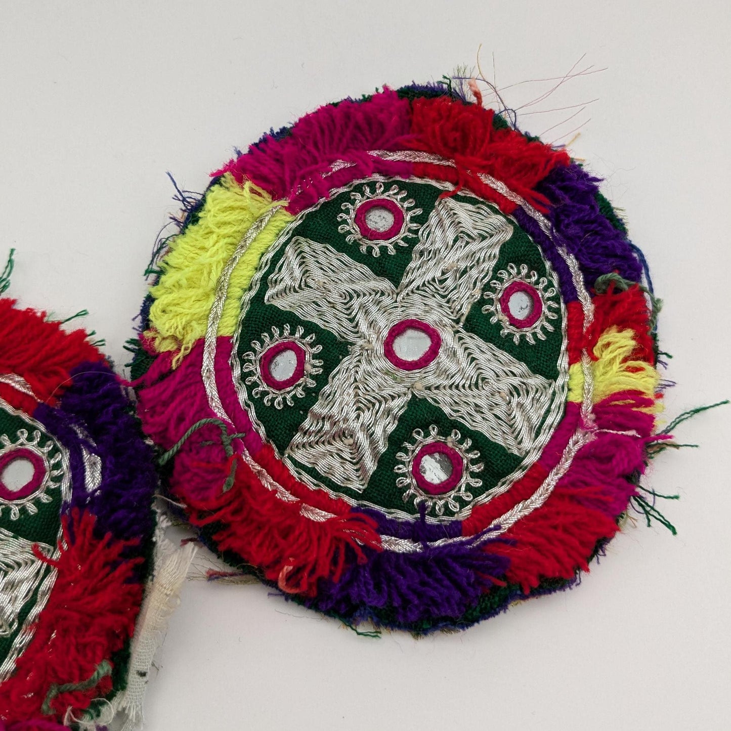 Pair Embroidered Kuchi Gul Round Medallions Colorful Bright (17153)