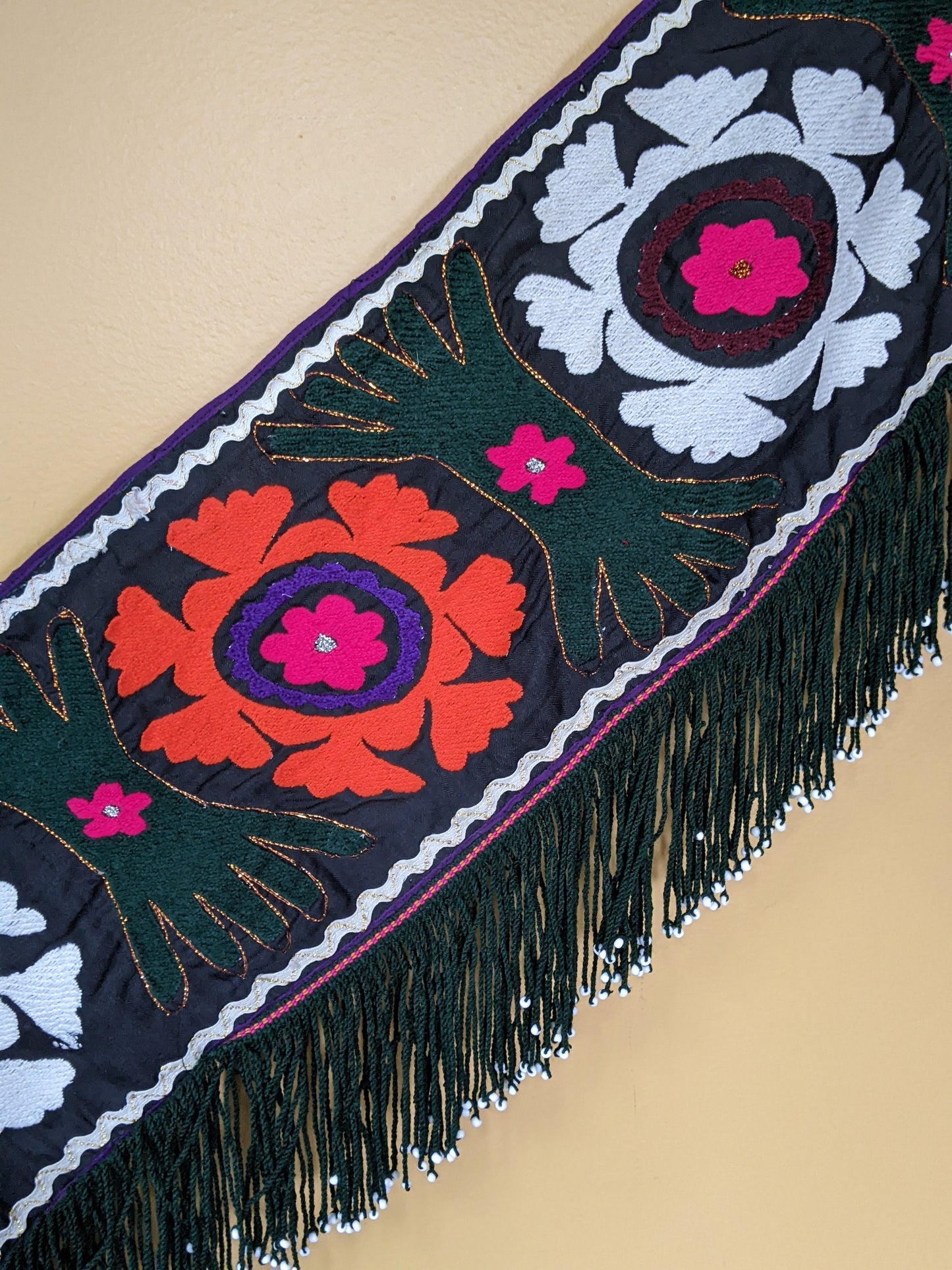 Handstiched Uzbek Textile Saye Gosha Segusha Black with Bright Colors (#14292)