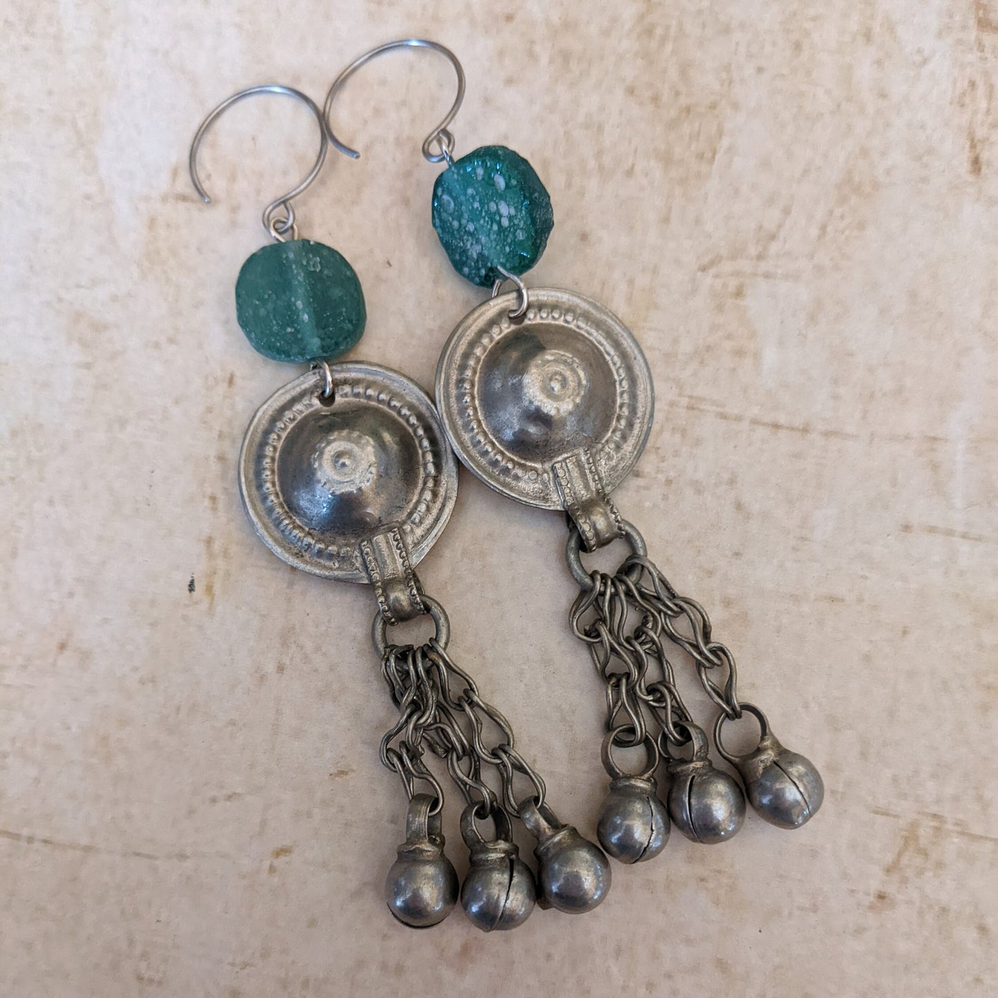 Upcycled Vintage Tribal Earrings with Roman Glass Beads Jingling Jewelry Unique Assemblage 3.75" LONG HEAVY (#13313)