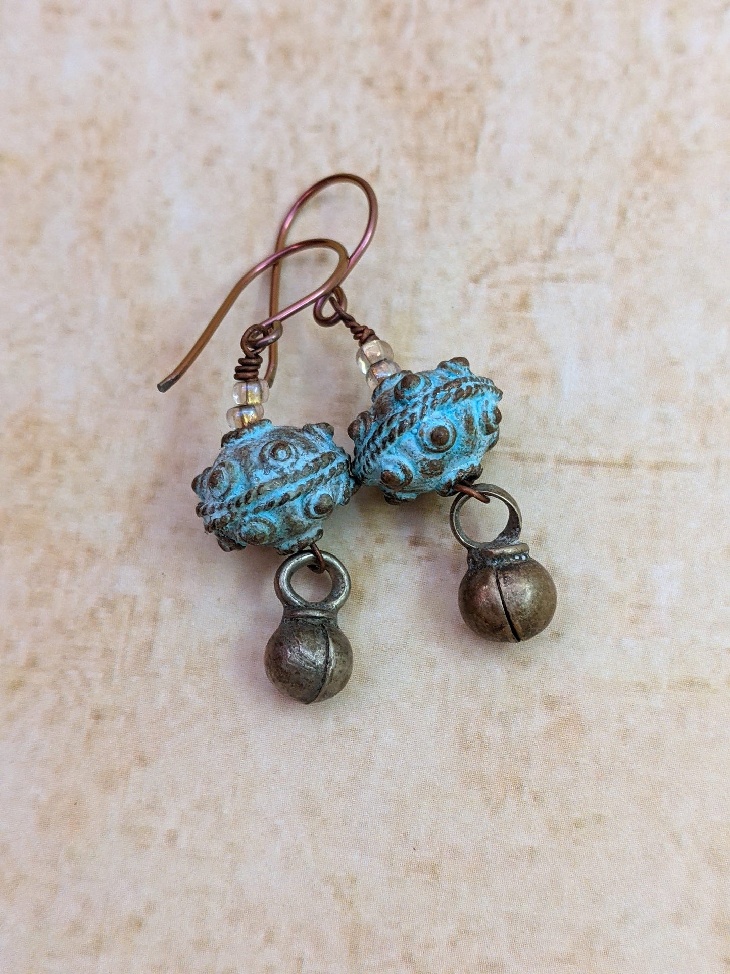 Rustic Verdigris Patina Bead Earrings Vintage Kuchi Tribal Jewelry Bauble Accent Niobium Ear Wire Ancient Vibe (#14020)