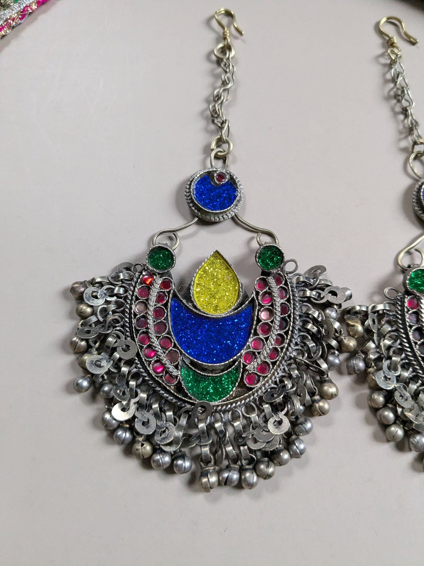 Matching Pair Vintage Kuchi Tribal Hair Pendants Tikka Jhoomer Blue Crescent Moon (16385)