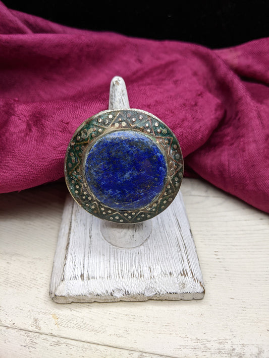 Vintage Multan Sindh Enamel Ring Lapis Center Size 6.5 US (#11243)