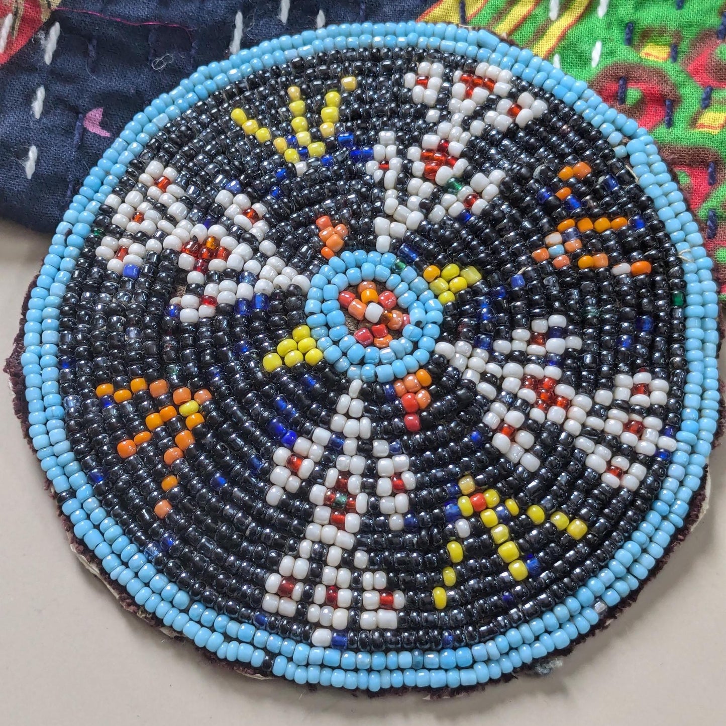 3.75" Vintage Kuchi Tribal Beaded Patch Flower Gul (17276)