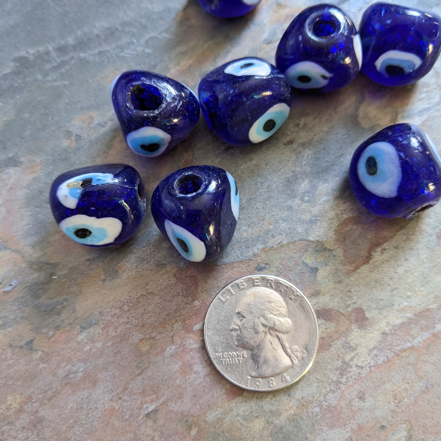 Blue White Vintage Turkish Evil Eye Glass Beads Talisman Pinched Shape 8 Beads (15538)