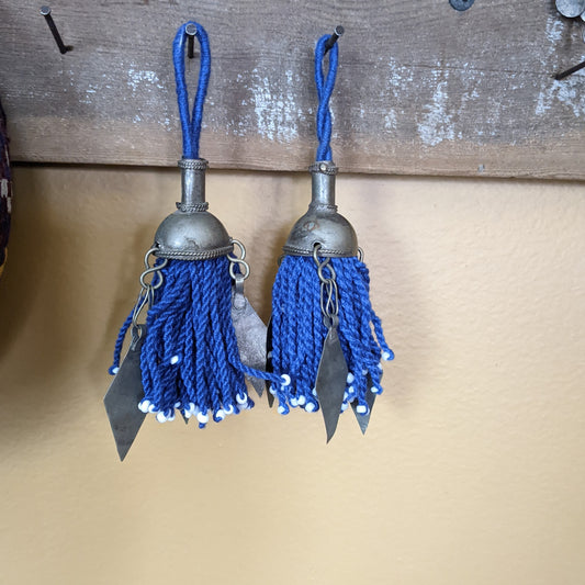 Turkmen Tassels Unique Vintage Tops Pointy Dangles Pair Cobalt Blue (15269)