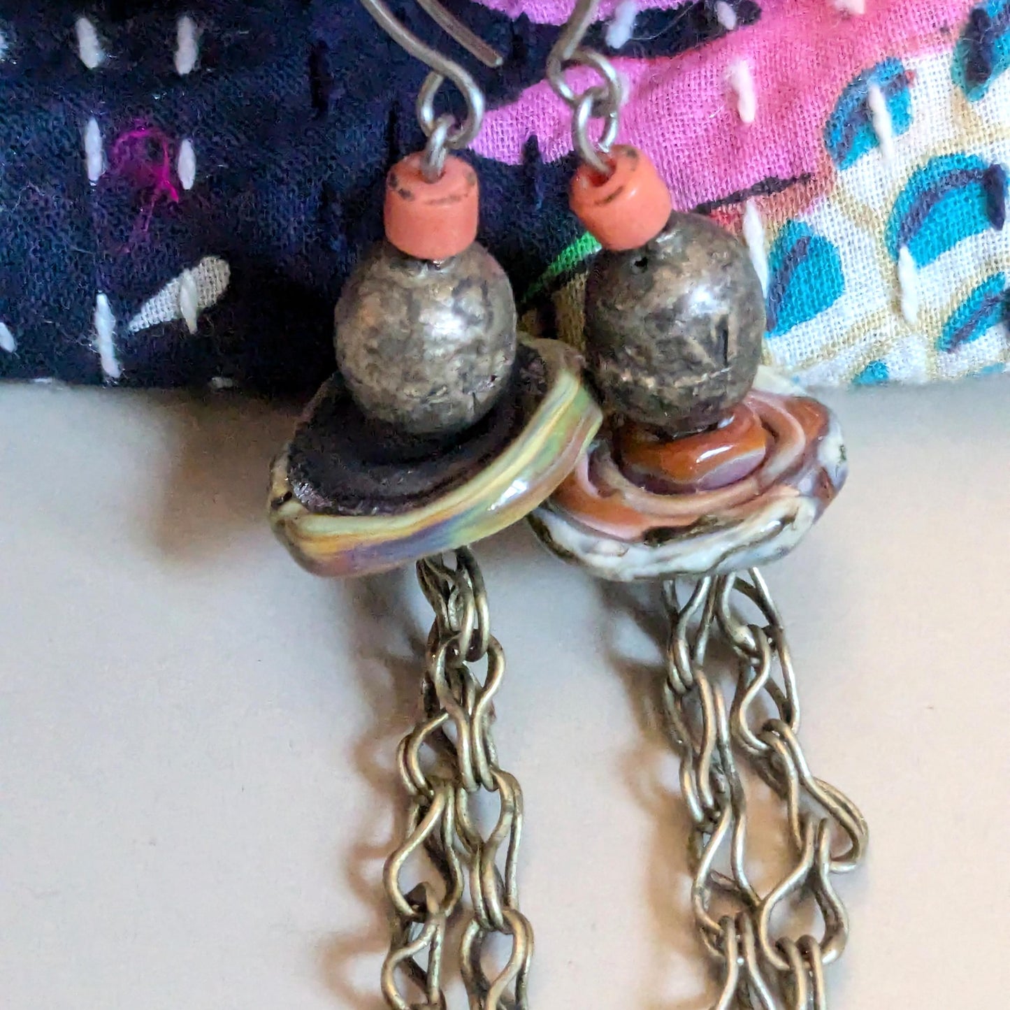 Boho Artisan Earrings Lampwork Vintage Ethiopian Beads Kuchi Tribal Spacers (16807)