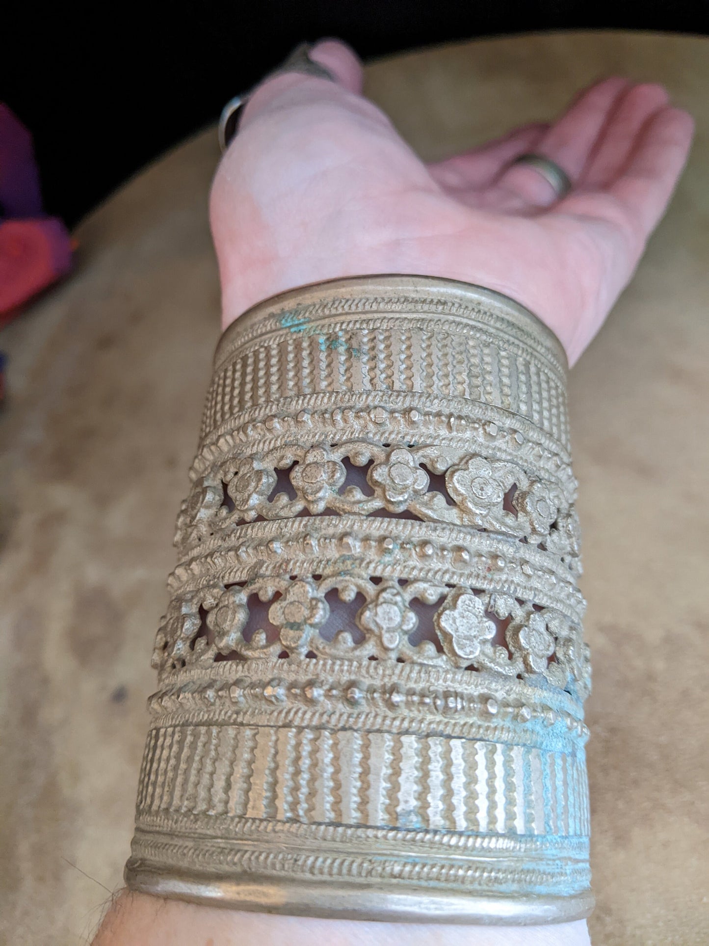 3.25" Tall Pashtun Tribal Metal Cuff Vintage Kuchi Jewelry 7" HAND SIZE Unique Sizing Requirement (#12894)