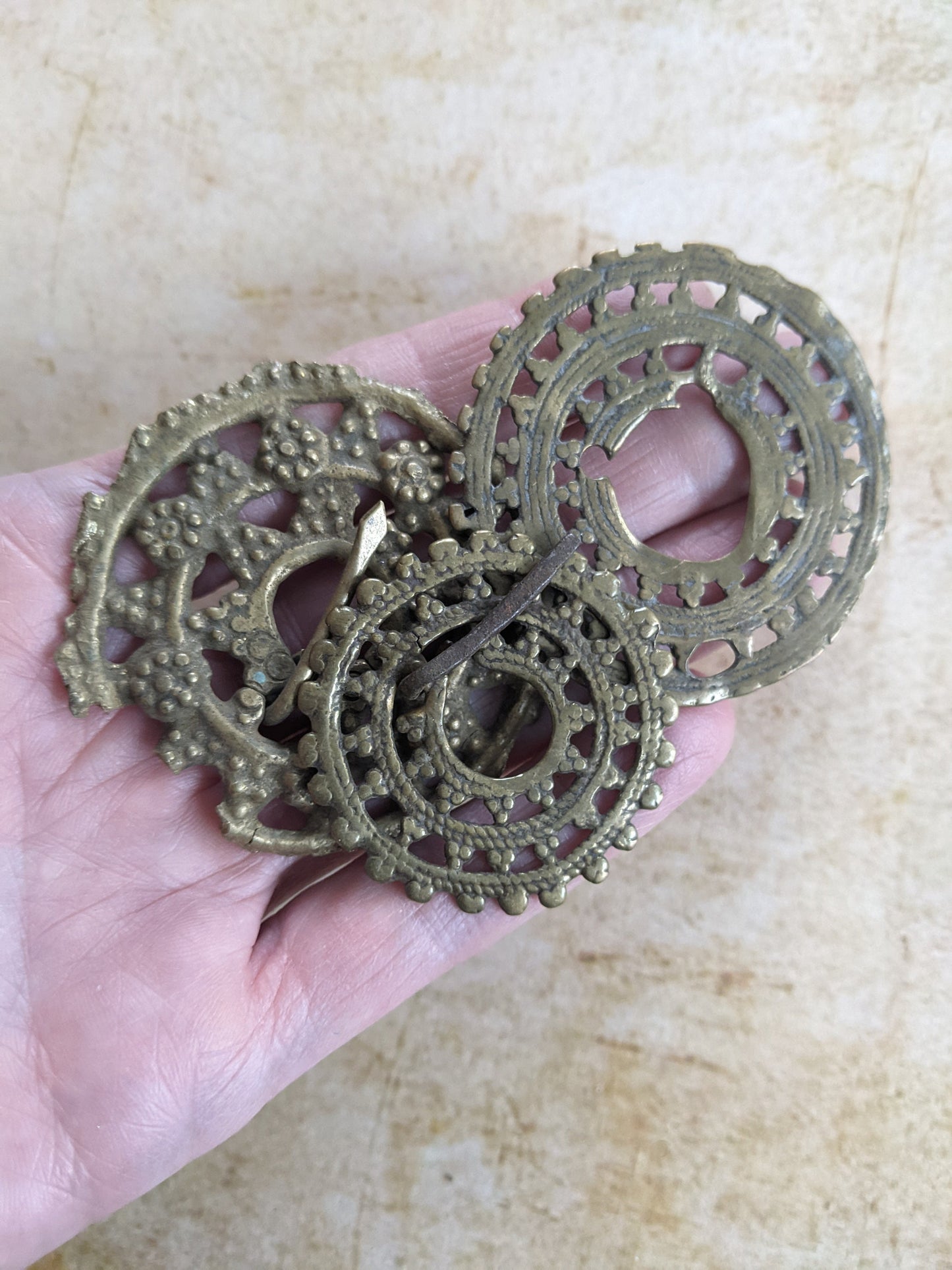 3 Old Well-Worn Brass Flower Fibula Unique Tribal Adornment NW Pakistan KPK (#12769)