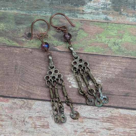 Upcycled Vintage Kuchi Pendant Tribal Earrings Niobium Ear Wire 3" Long (16651)