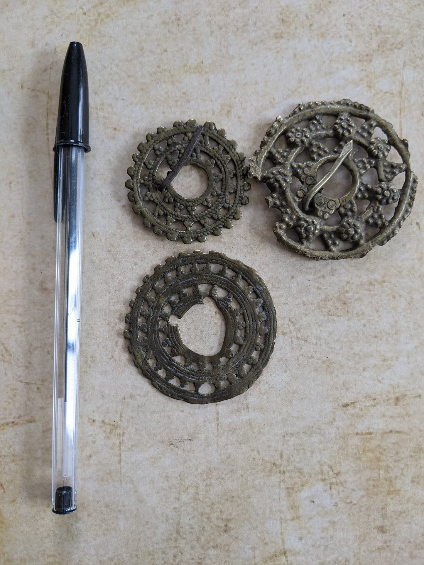 3 Old Well-Worn Brass Flower Fibula Unique Tribal Adornment NW Pakistan KPK (#12769)