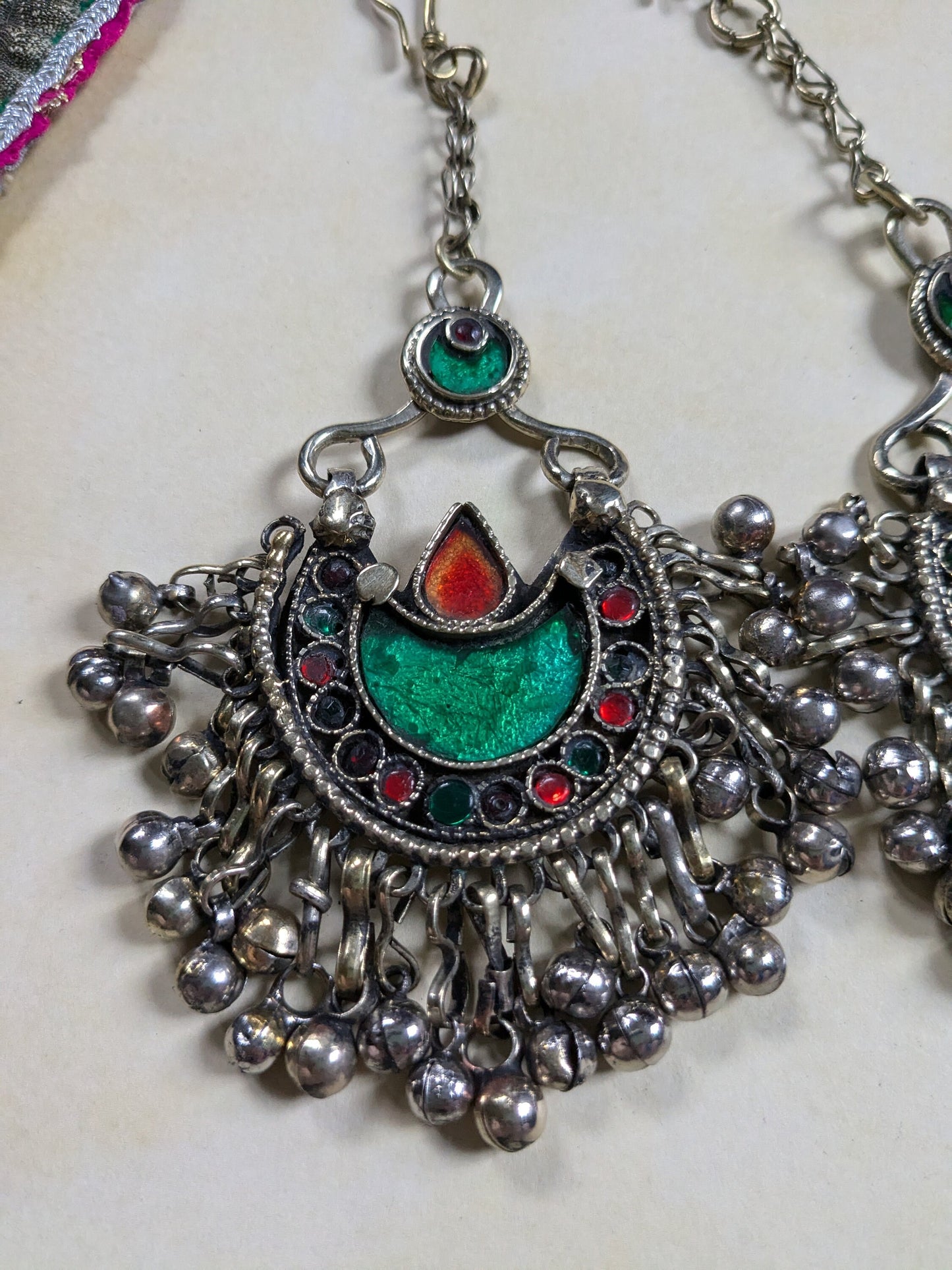 Matching Pair Vintage Kuchi Tribal Hair Pendants Tikka Jhoomer Green Crescent Moon Polished (16388)