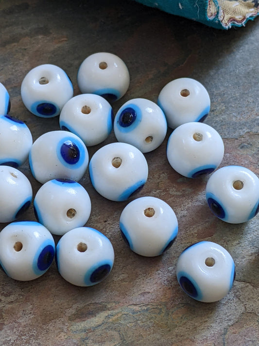 12mm White Blue Black Vintage Turkish Evil Eye Glass Beads Talisman 20 Beads (15534)