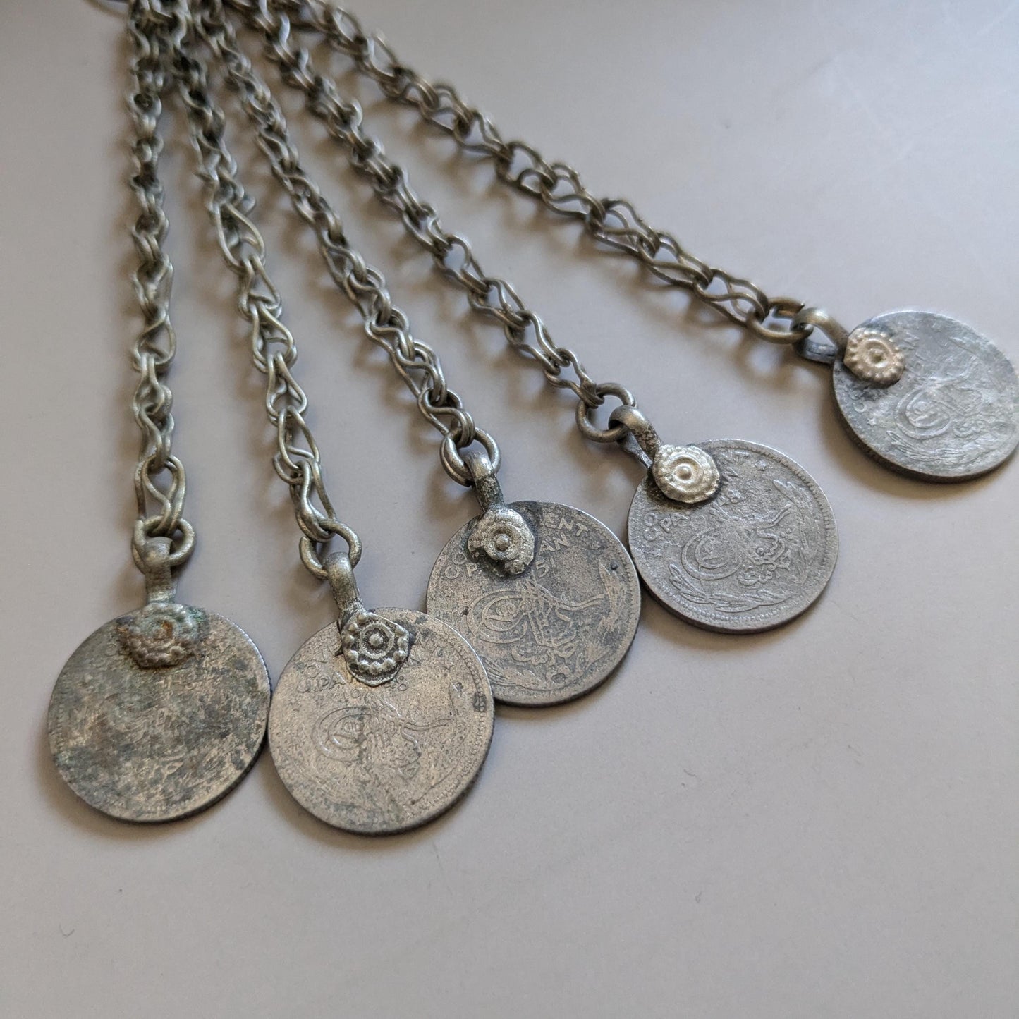 5 Vintage Kuchi Tribal Coin Pendants on Chain Matching Set (16690)