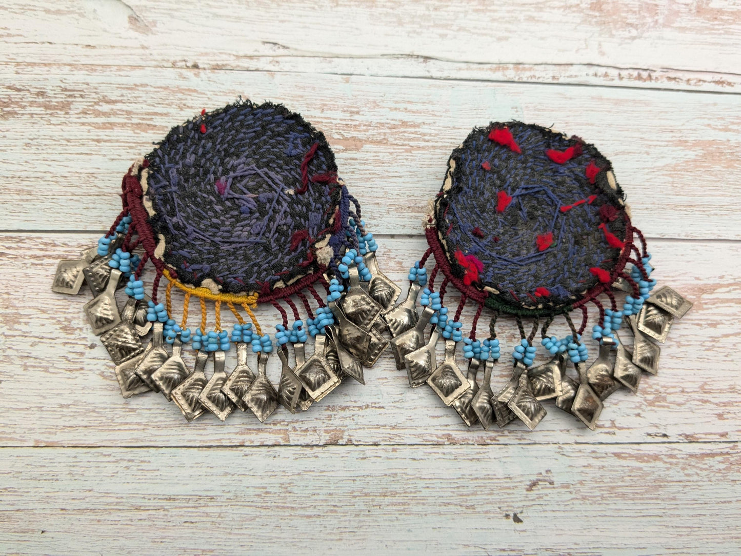 Unique Vintage Kuchi Beaded Gul Patches Jingling Accents Unique Pair (17152)