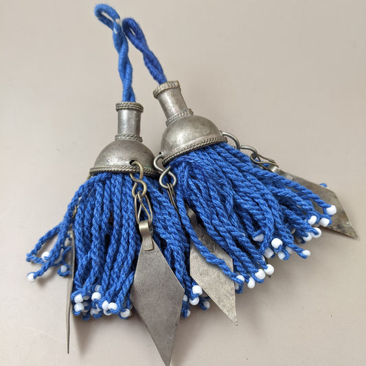 Turkmen Tassels Unique Vintage Tops Pointy Dangles Pair Light Cobalt Blue (15164)