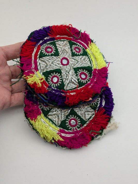 Pair Embroidered Kuchi Gul Round Medallions Colorful Bright (17153)