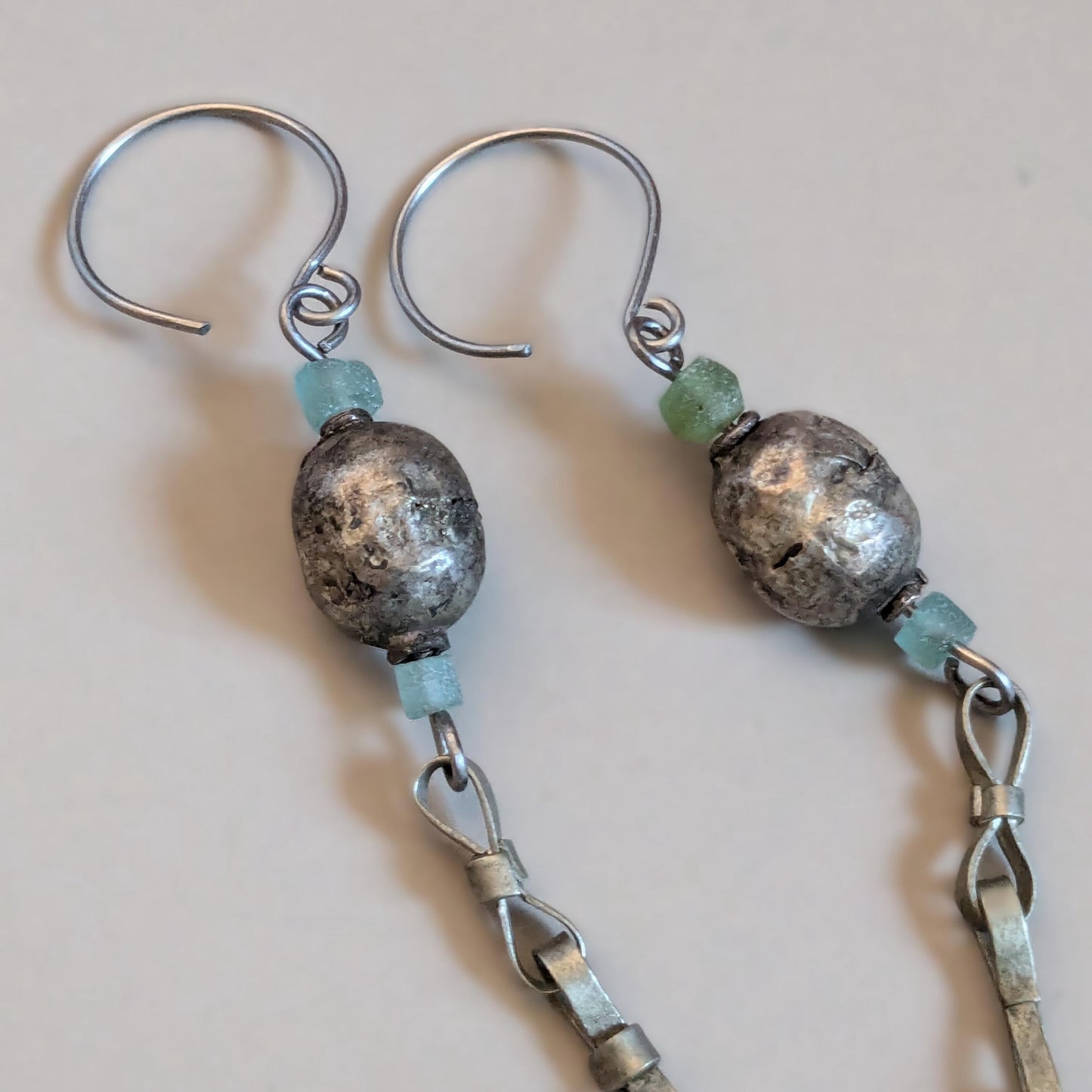 Tribal Earrings Ethiopian Beads Roman Glass Spacers Kuchi Dangles 3.8" Long (16804)