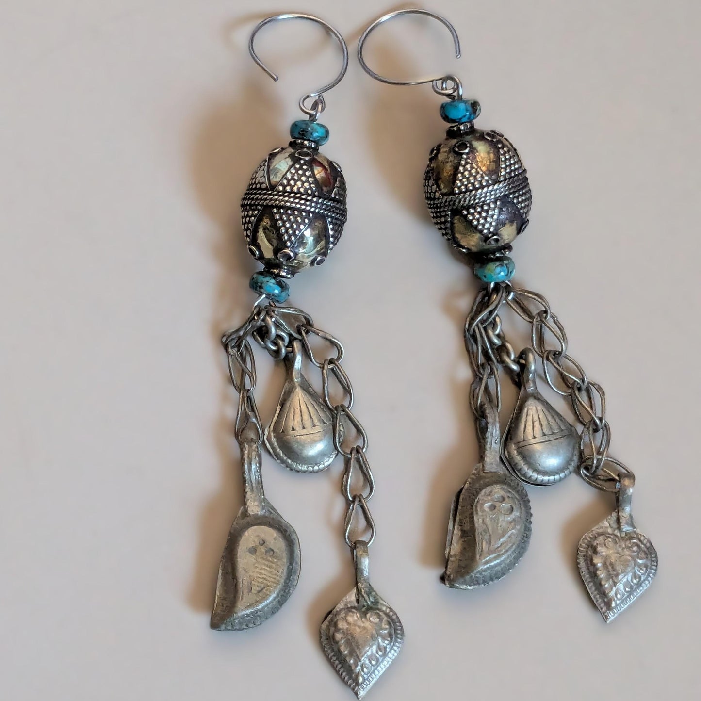 Tribal Style Earrings Kazakh Beads Turquoise Vintage Kuchi Dangles Jingling Talisman Jewelry (16806)