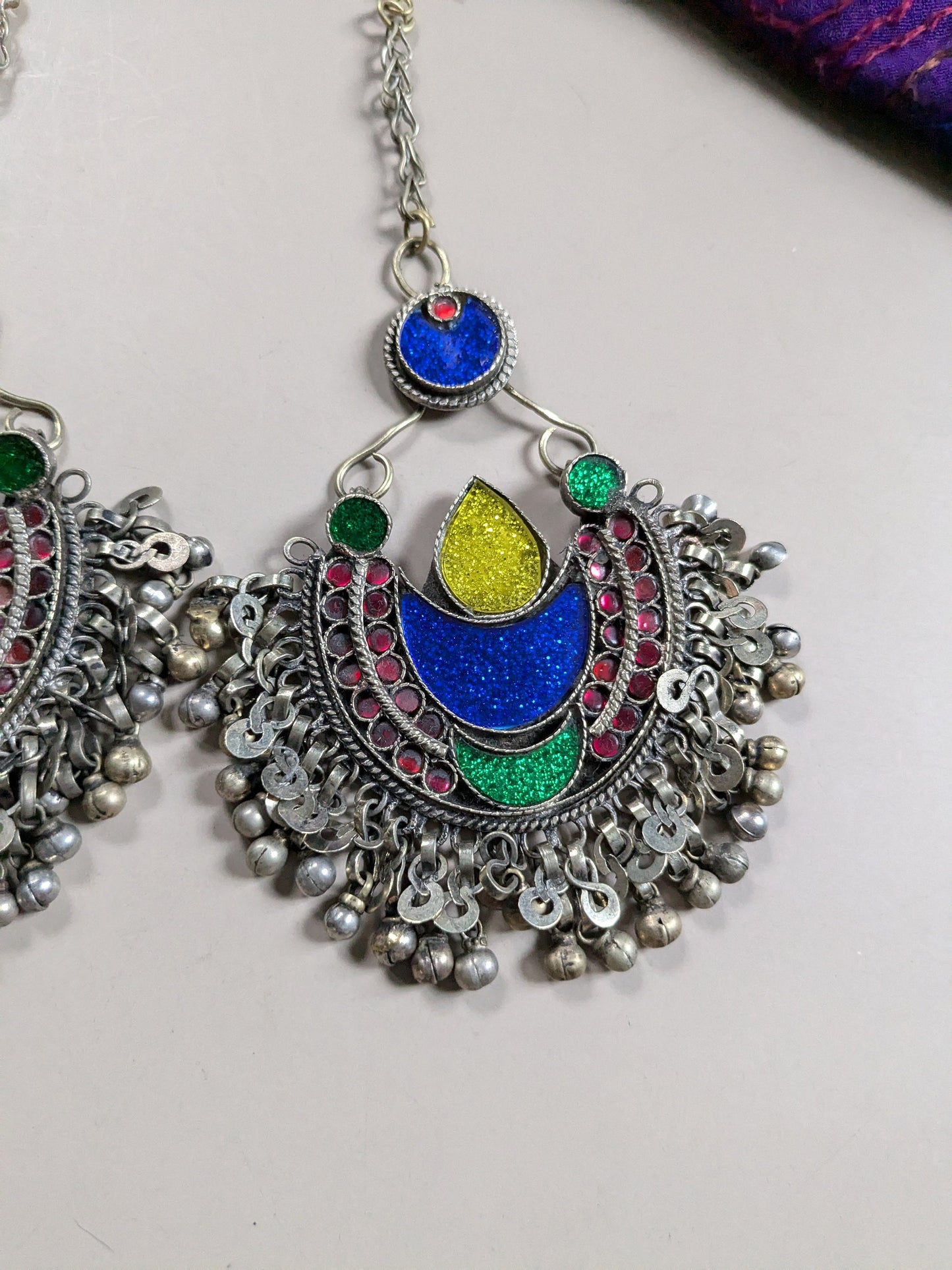 Matching Pair Vintage Kuchi Tribal Hair Pendants Tikka Jhoomer Blue Crescent Moon (16385)