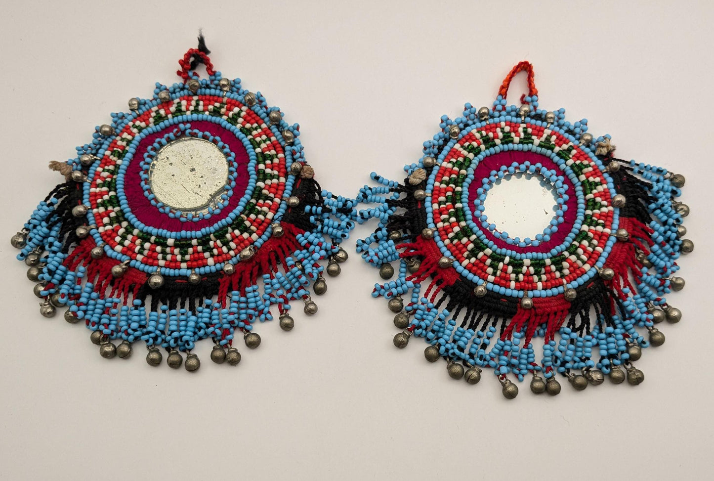 Vintage Kuchi Beaded Tassels Unique Pair Mirror Centers (17154)