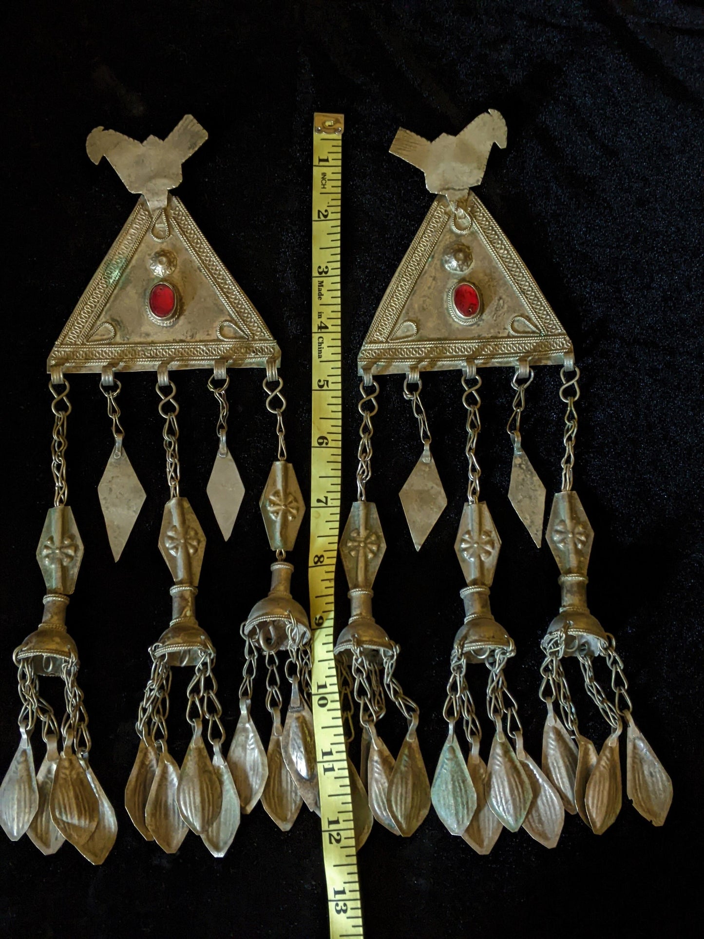 Vintage Pair Turkmen Tassels Bridal Hair Jewelry 12.5" Stylized Bird Accents (#13800)