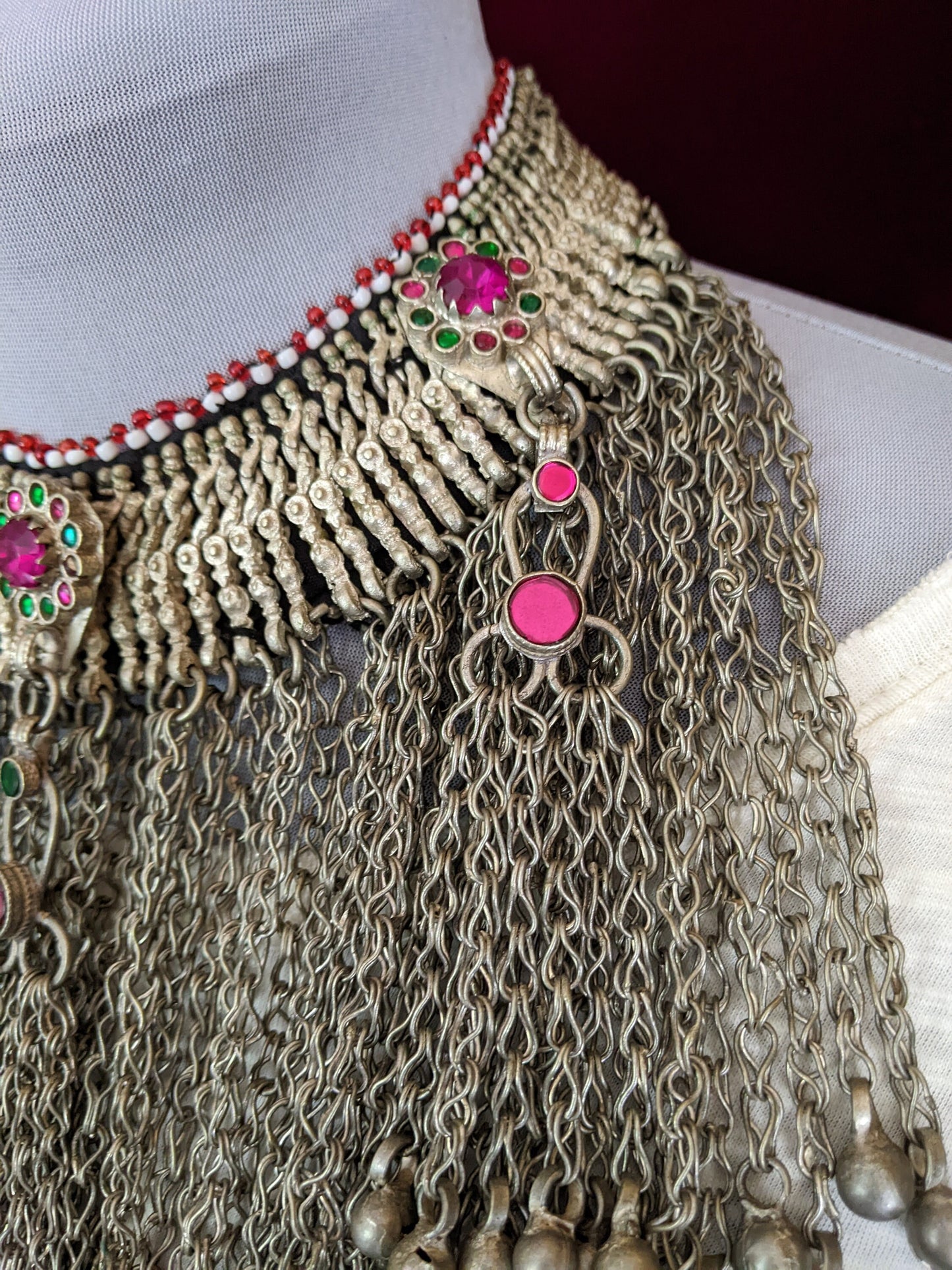 Heavy Vintage Waziri Tribal Choker Pink Flowers Jingling Baubles Unique Jewelry Adornment (#14049)