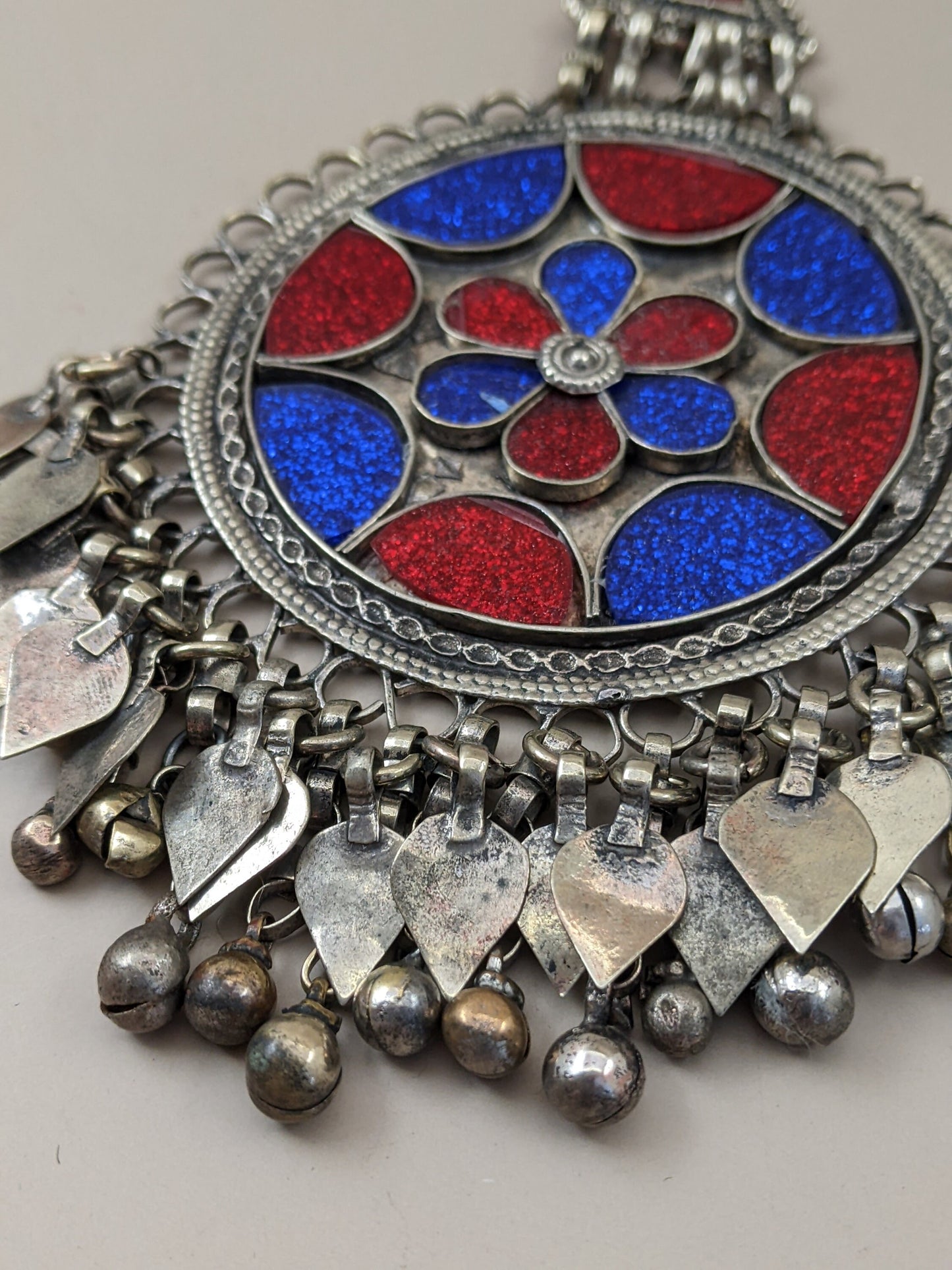 Red & Blue Sparkle Vintage Kuchi Tribal Hair Pendant Polished Floral Motif (15481)