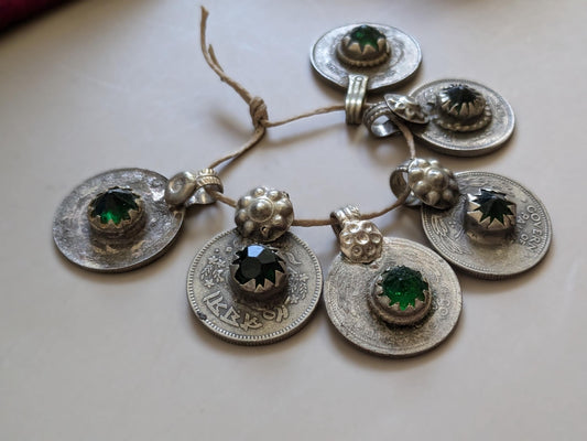 6 Vintage Kuchi Tribal Coin Pendants Green Glass Centers (16685)