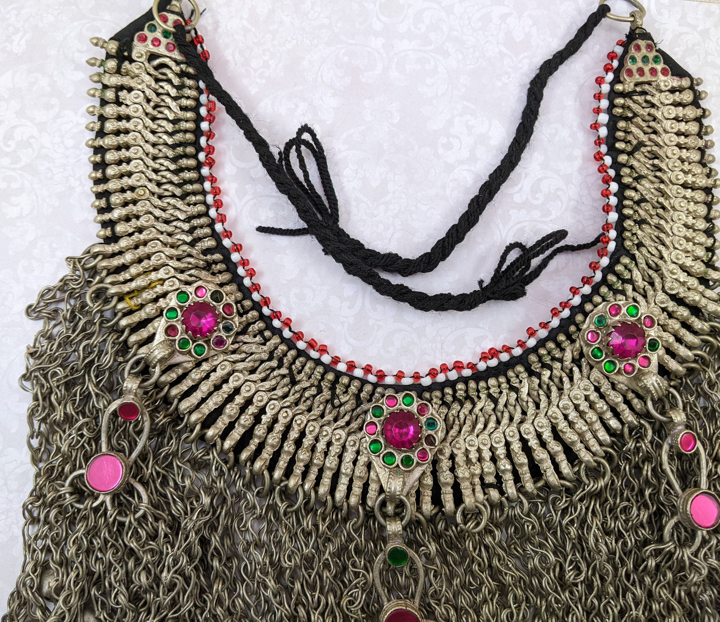 Heavy Vintage Waziri Tribal Choker Pink Flowers Jingling Baubles Unique Jewelry Adornment (#14049)