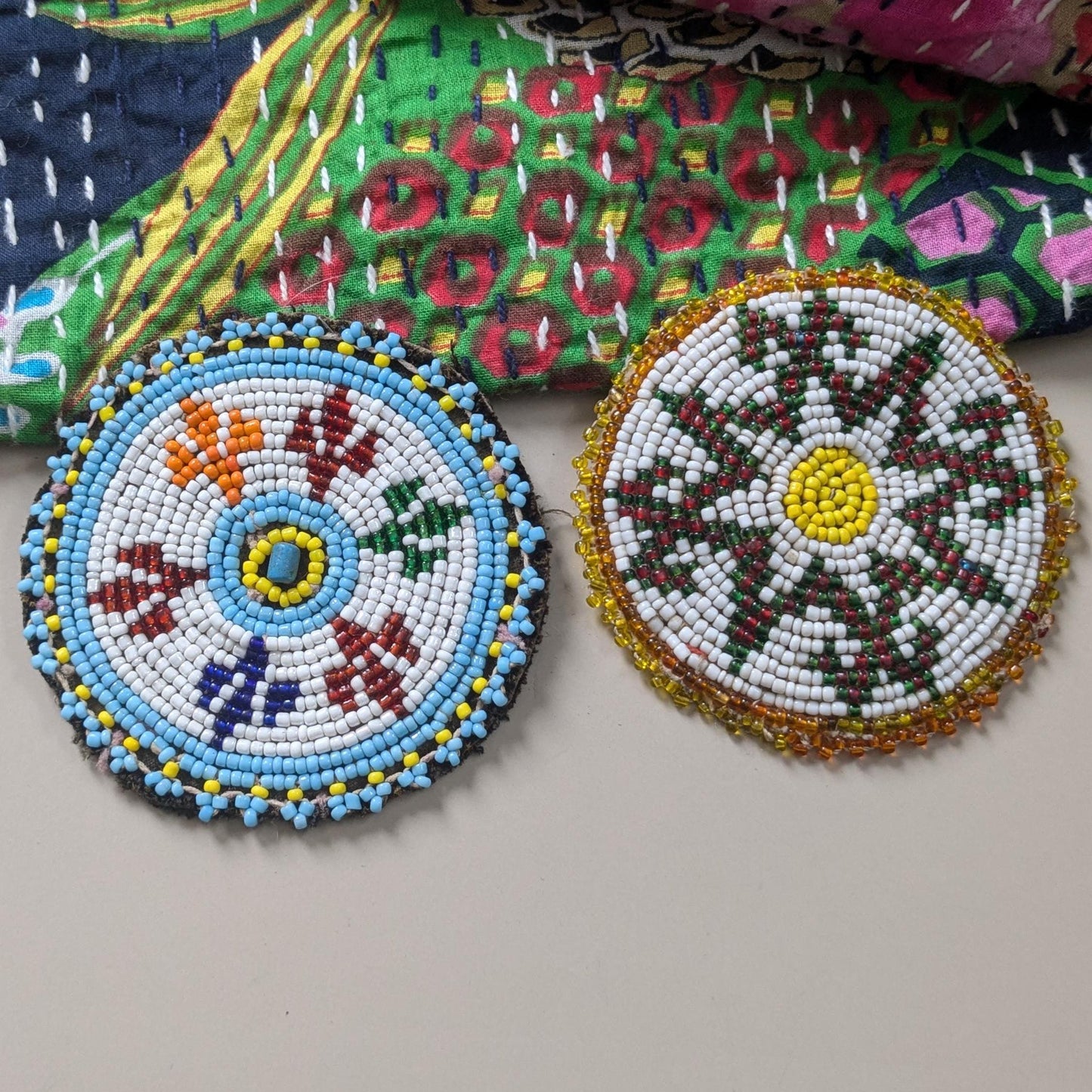 Vintage Beaded Kuchi Tribal Gul Flowers Patches Mismatched Pair (17264)