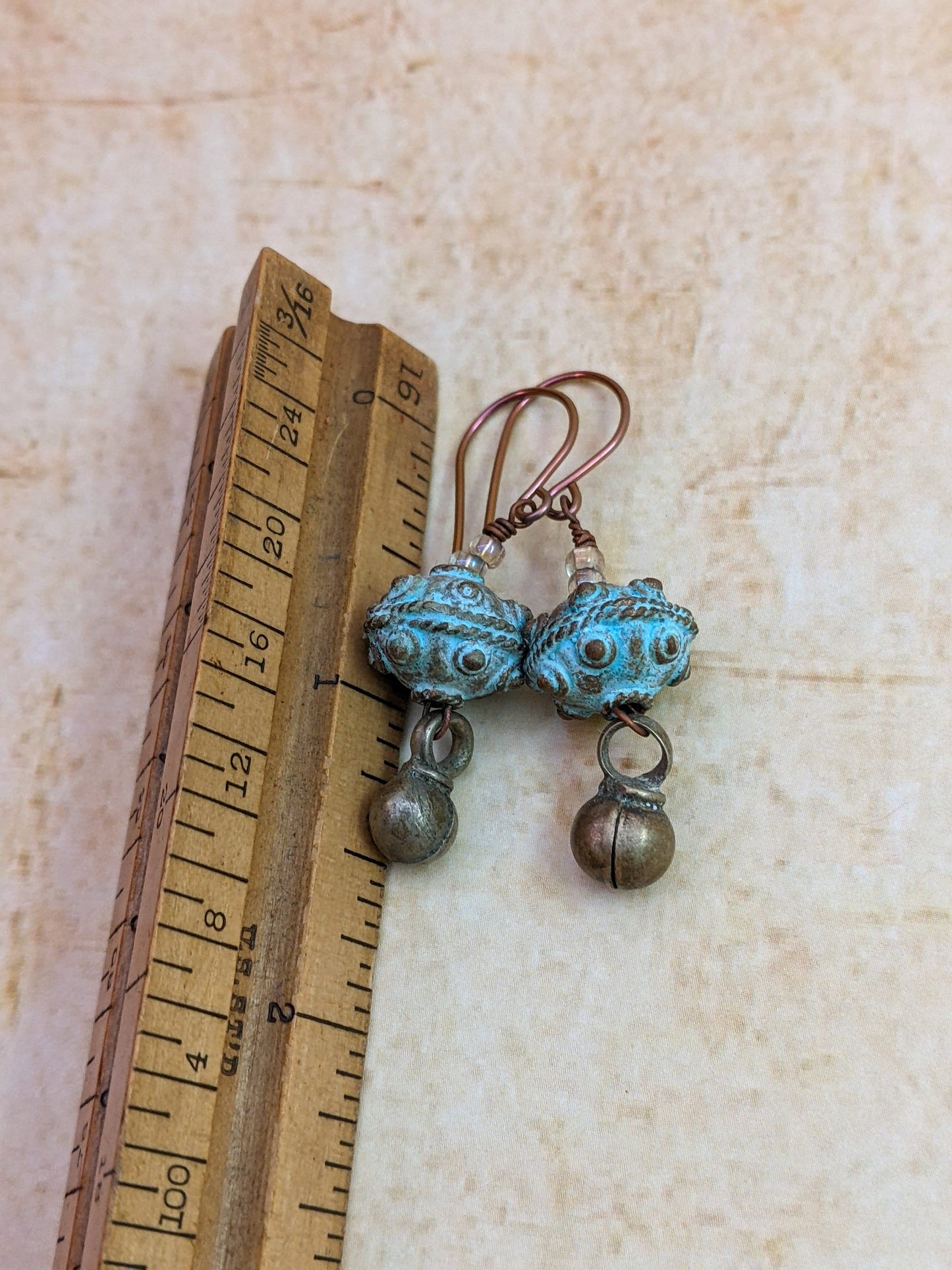 Rustic Verdigris Patina Bead Earrings Vintage Kuchi Tribal Jewelry Bauble Accent Niobium Ear Wire Ancient Vibe (#14020)