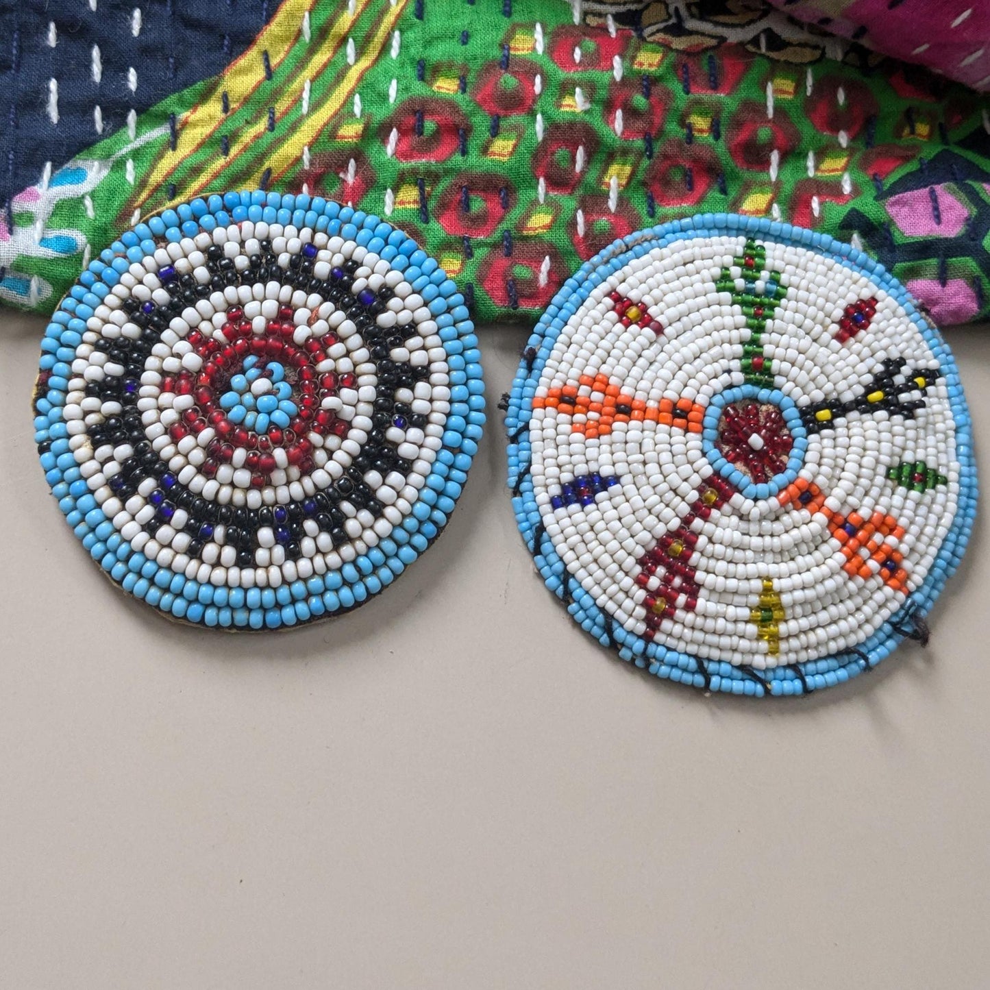 Mismatched Pair Vintage Beaded Tribal Gul Flowers Kuchi Patches (17265)