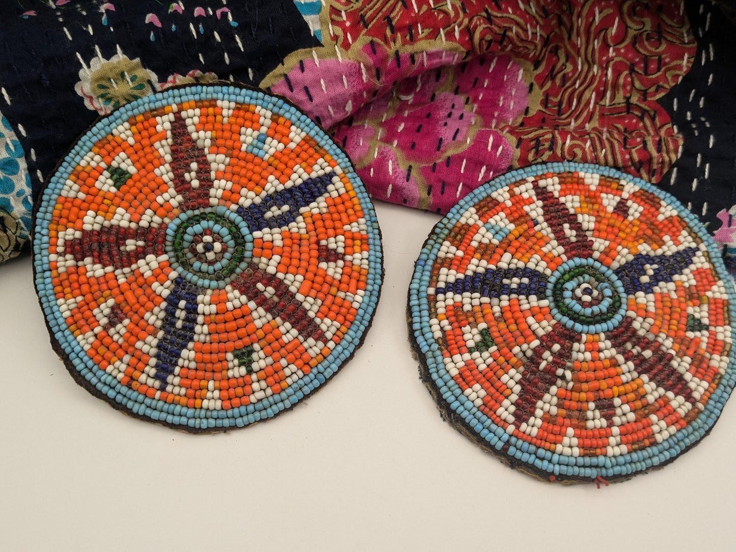 Vintage Kuchi Tribal Gul Flowers Beaded Patches Large Pair 4.5" (17260)