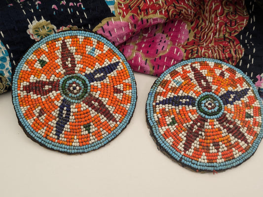 Vintage Kuchi Tribal Gul Flowers Beaded Patches Large Pair 4.5" (17260)