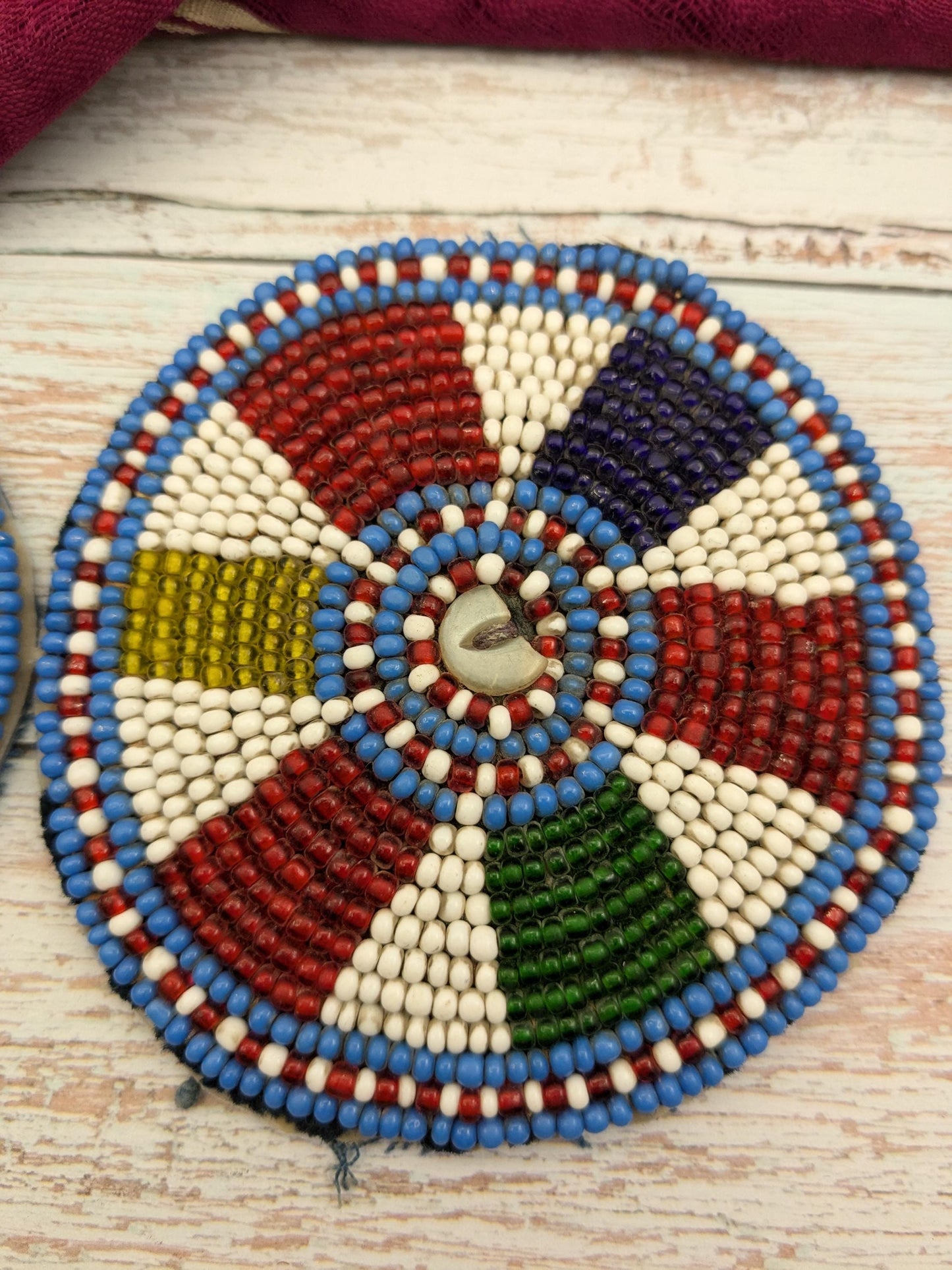 Vintage Balochi Tribal Beaded Patches Pair Gul Flowers 3.75" (17155)