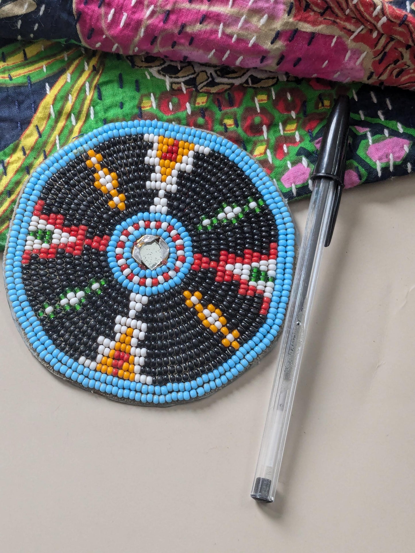 Vintage Beaded Tribal Flower Patch from Balochistan Black Beads 4" (17278)