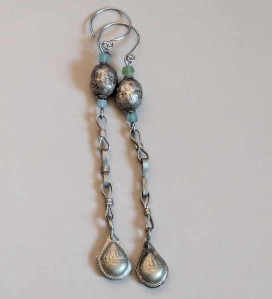 Tribal Earrings Ethiopian Beads Roman Glass Spacers Kuchi Dangles 3.8" Long (16804)