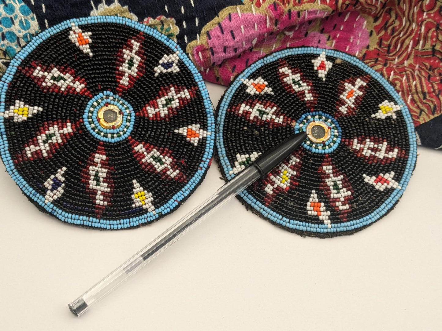 Pair Beaded Tribal Gul Flowers Vintage Baloch Patches Black Beads (17258)