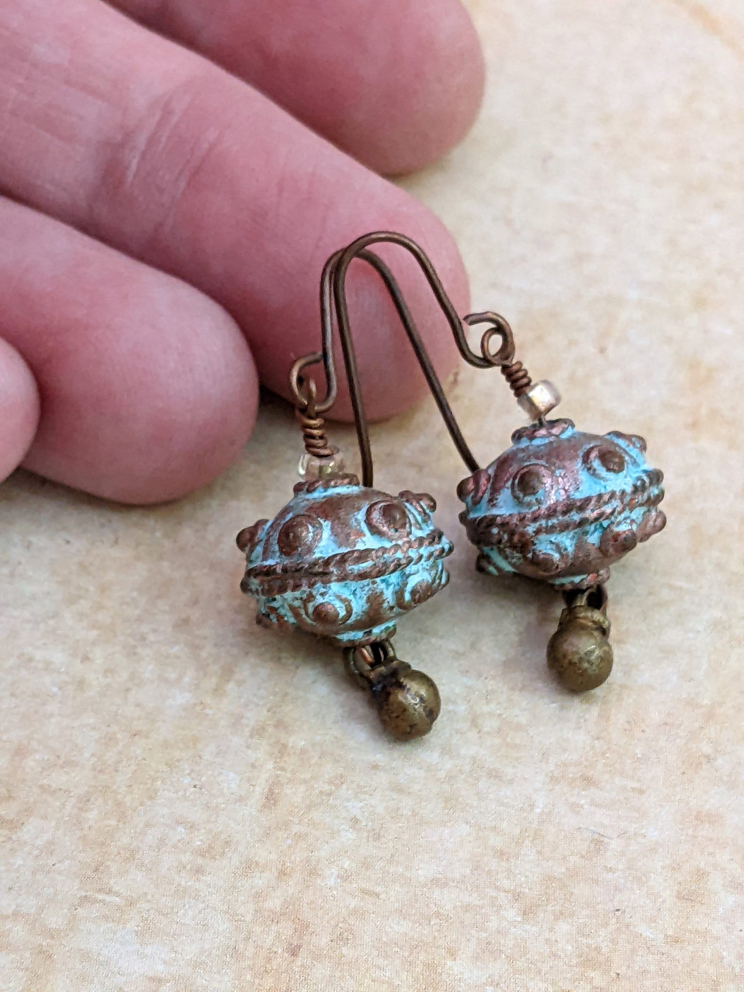 Rustic Verdigris Patina Bead Earrings Ancient Vibe (#14019)