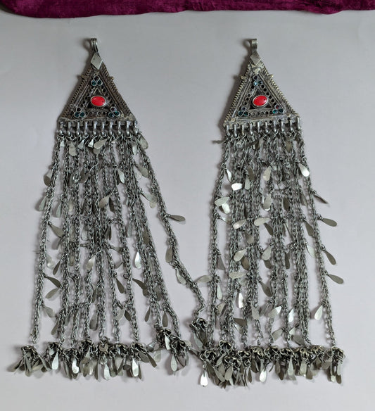 Vintage Afghan Kuchi Tribal Tikka Hair Tassels 14" Traditional Temporal Jewelry (16377)