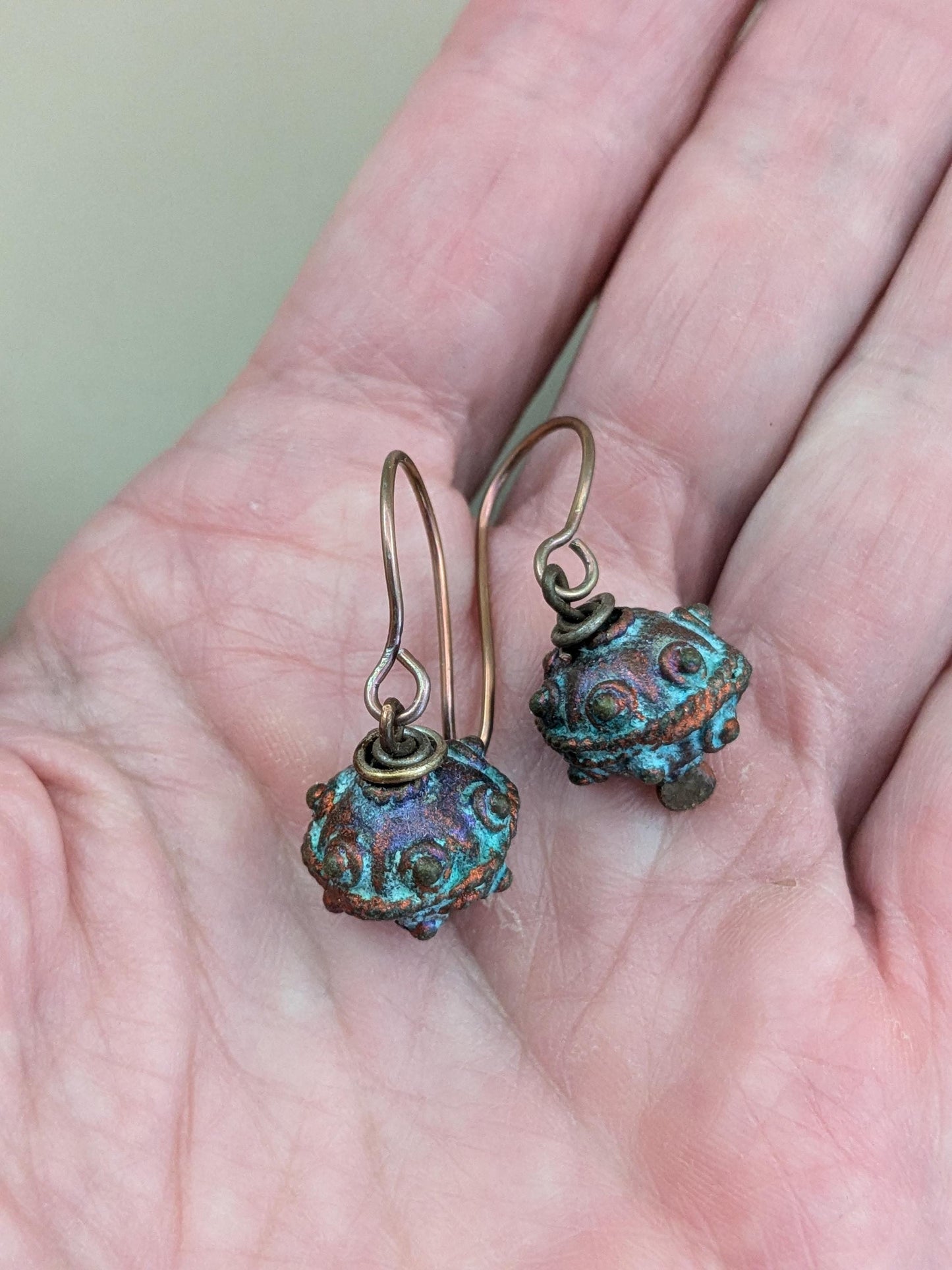 Unique Patina Bead Earrings Rustic Jewelry Niobium Ear Wire (16647)