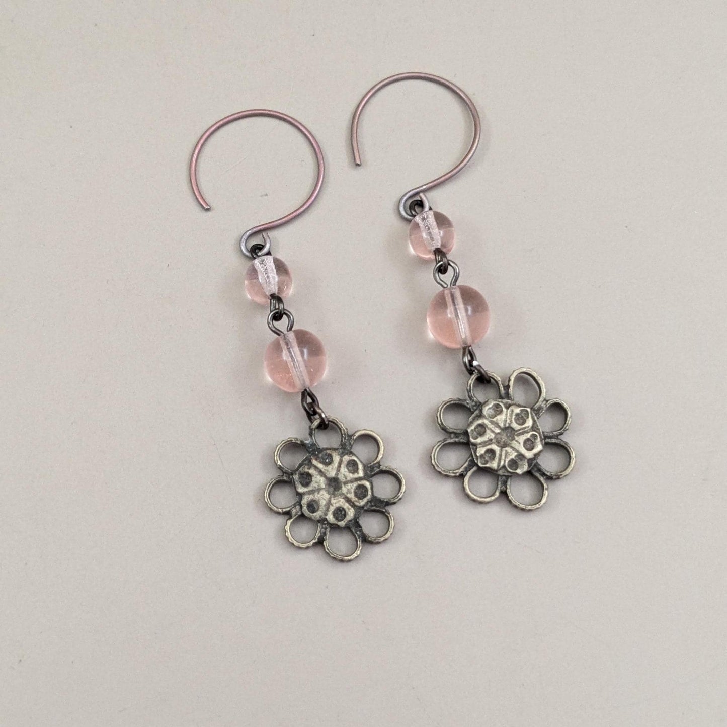 Upcycled Afghan Hazara Flower Charm Tribal Earrings Niobium Ear Wire (16660)