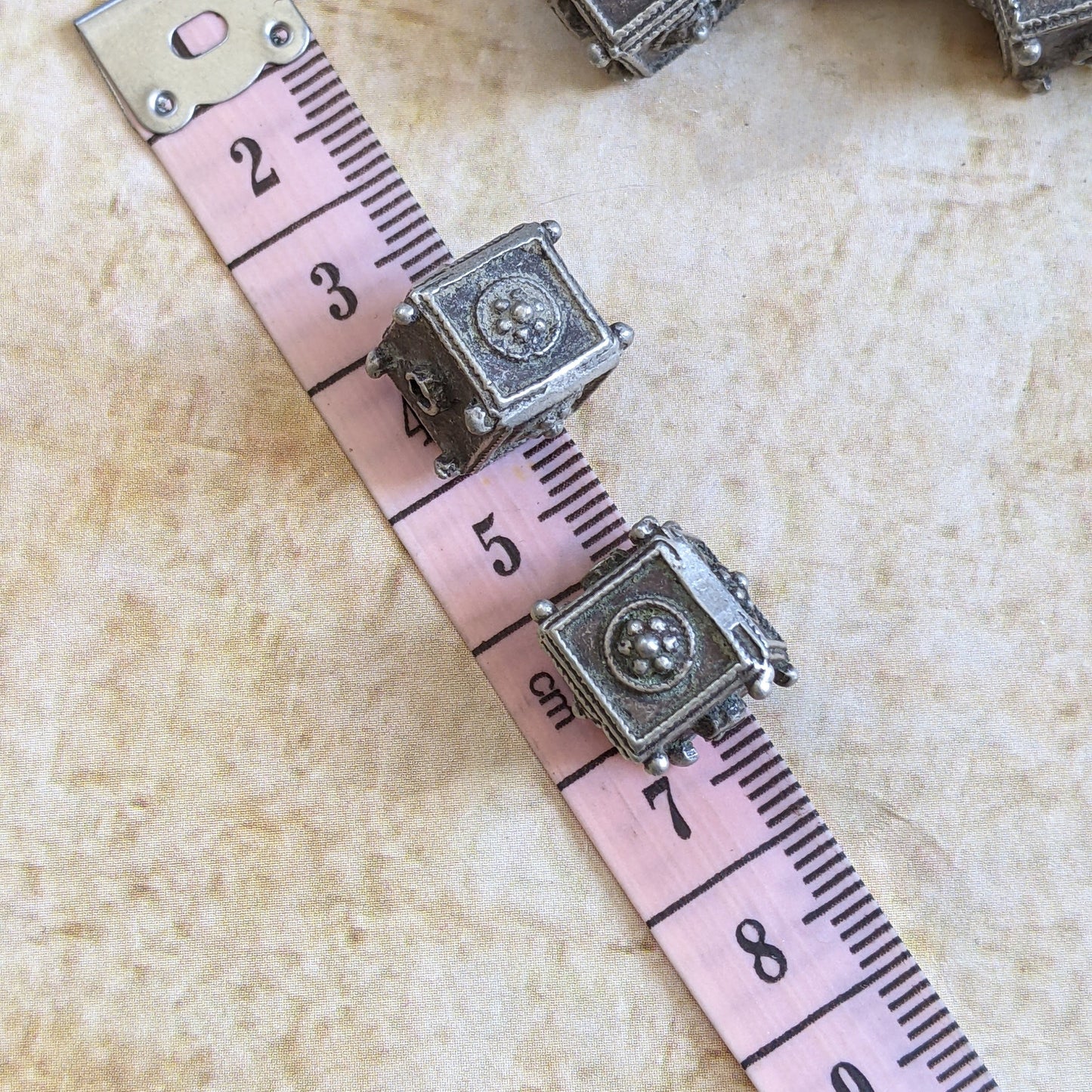 Vintage Silver Beads from Kohistan Pakistan Square with Flowers 10mm x 12mm (15427)