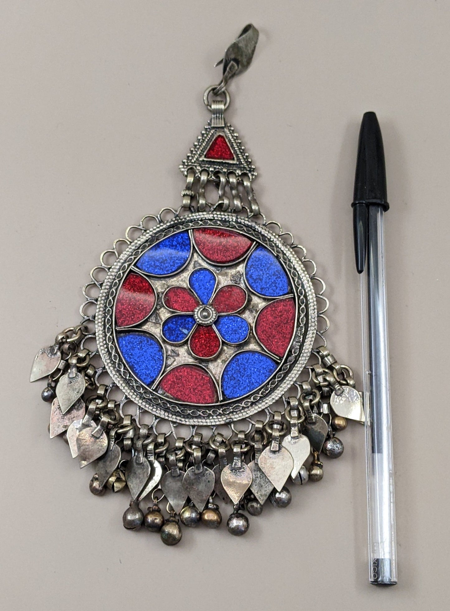 Red & Blue Sparkle Vintage Kuchi Tribal Hair Pendant Polished Floral Motif (15481)