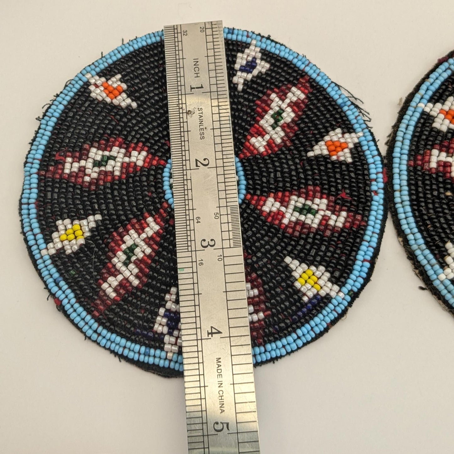 Pair Beaded Tribal Gul Flowers Vintage Baloch Patches Black Beads (17258)