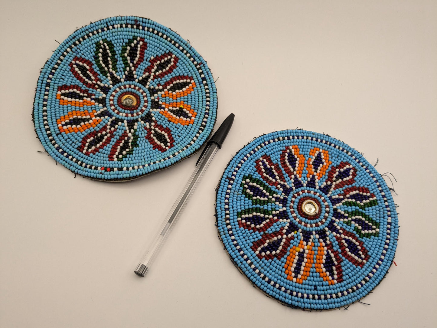 Vintage LARGE Beaded Baloch Light Blue Tribal Flower Patches 5.5" (17143)