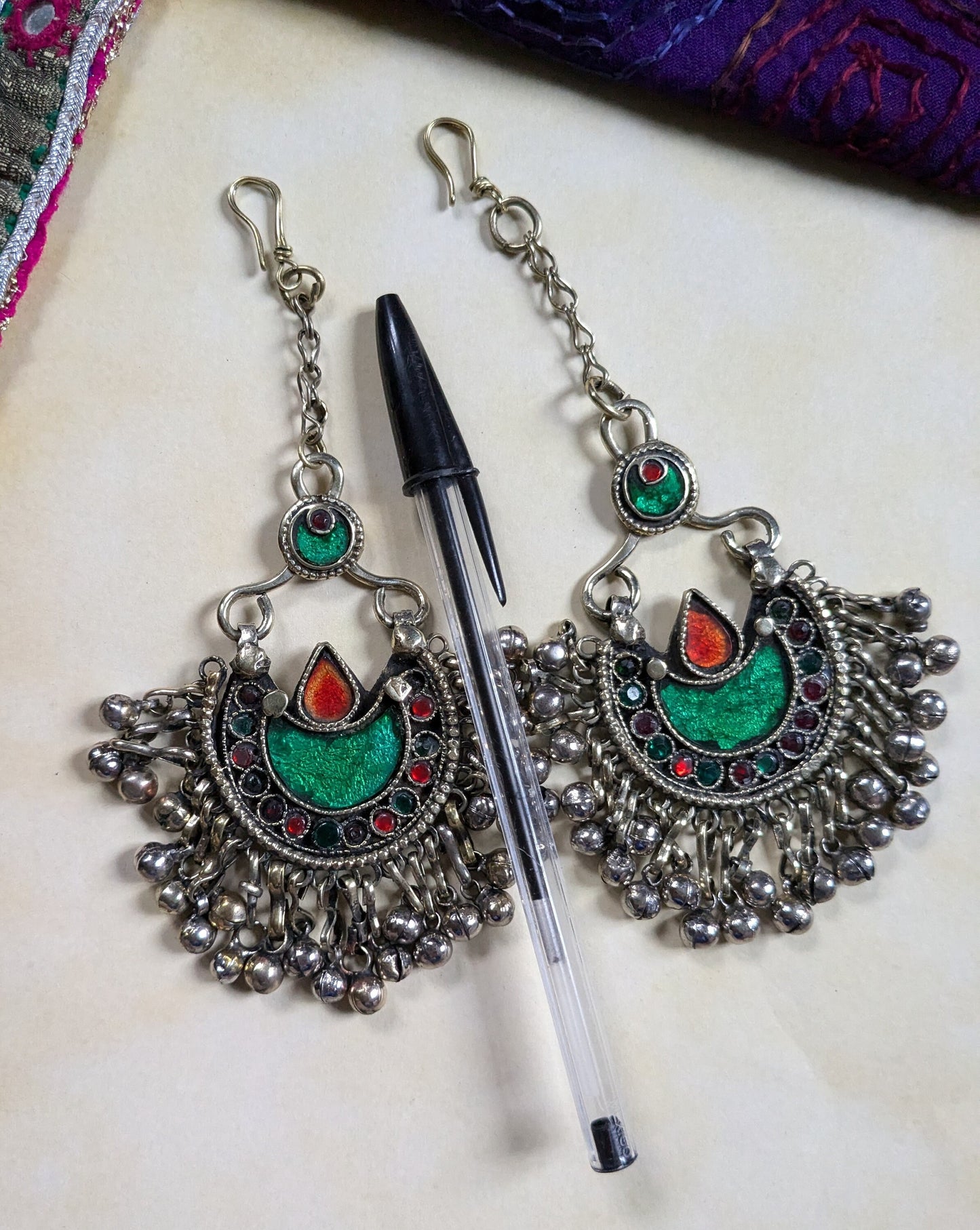 Matching Pair Vintage Kuchi Tribal Hair Pendants Tikka Jhoomer Green Crescent Moon Polished (16388)